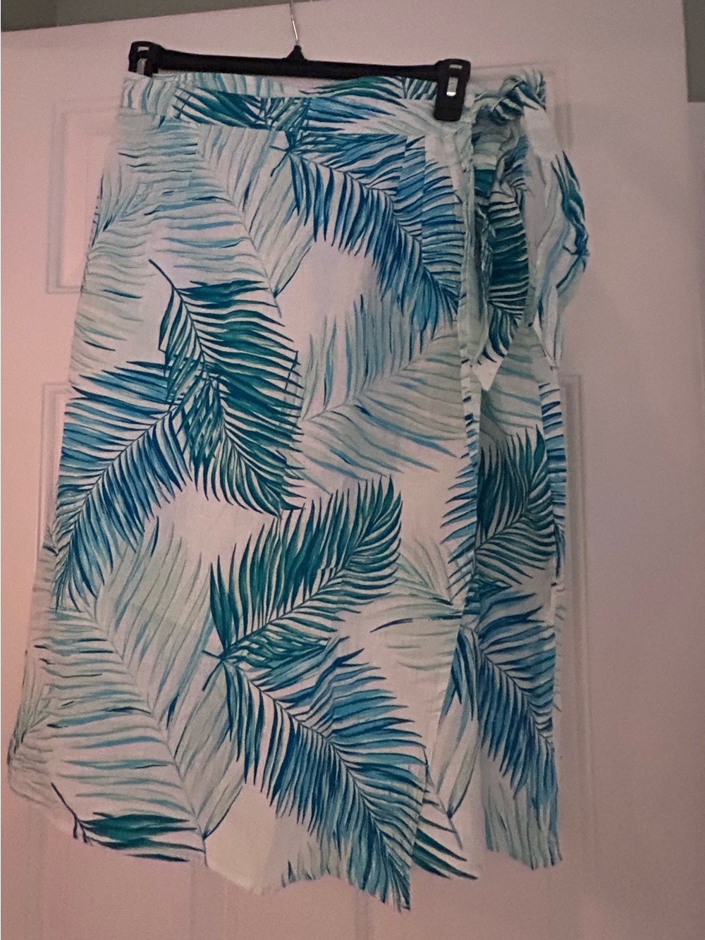 Tahari Teal Palm Leaf Faux Wrap Tie side Skirt 100% Linen. XL